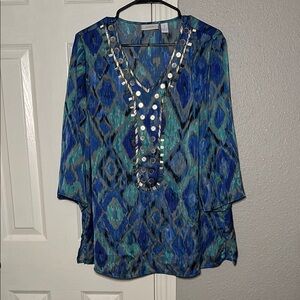 Chico's Blue Teal Ikat Printed Sequin Embellished Tunic Top Blouse Chicos Size 2